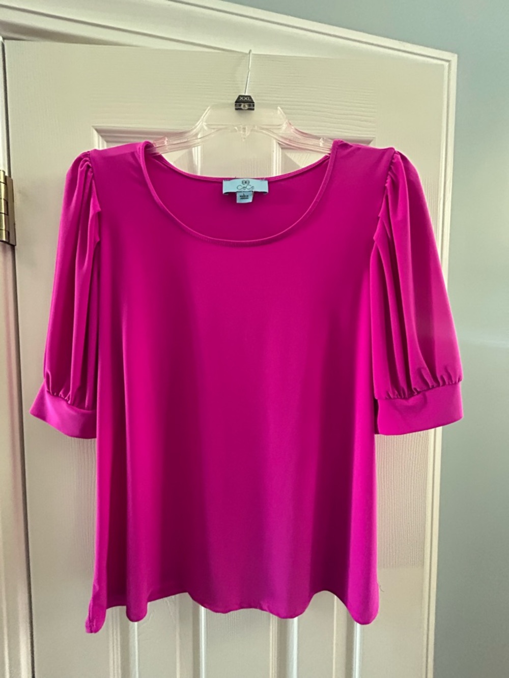 CeCe Bright Fuchsia Puff Sleeve Scoop Neck Blouse